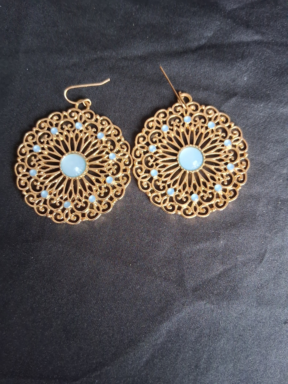Gold Filigree Drop Earrings with Sky Blue Stones